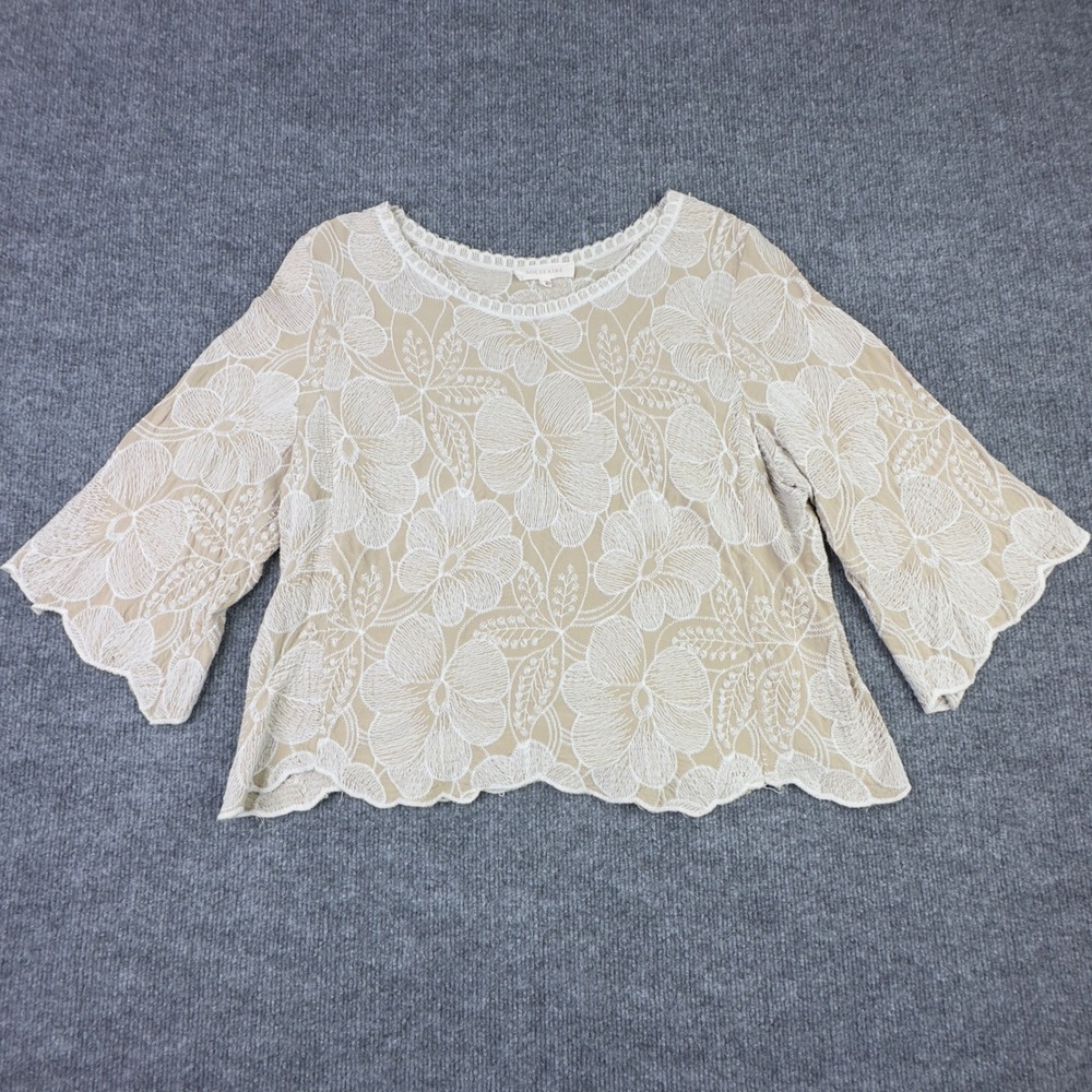 Solitaire Shirt XL Beige Floral Lace Bell Sleeve Crop Y2K Romantic Boho Cottage